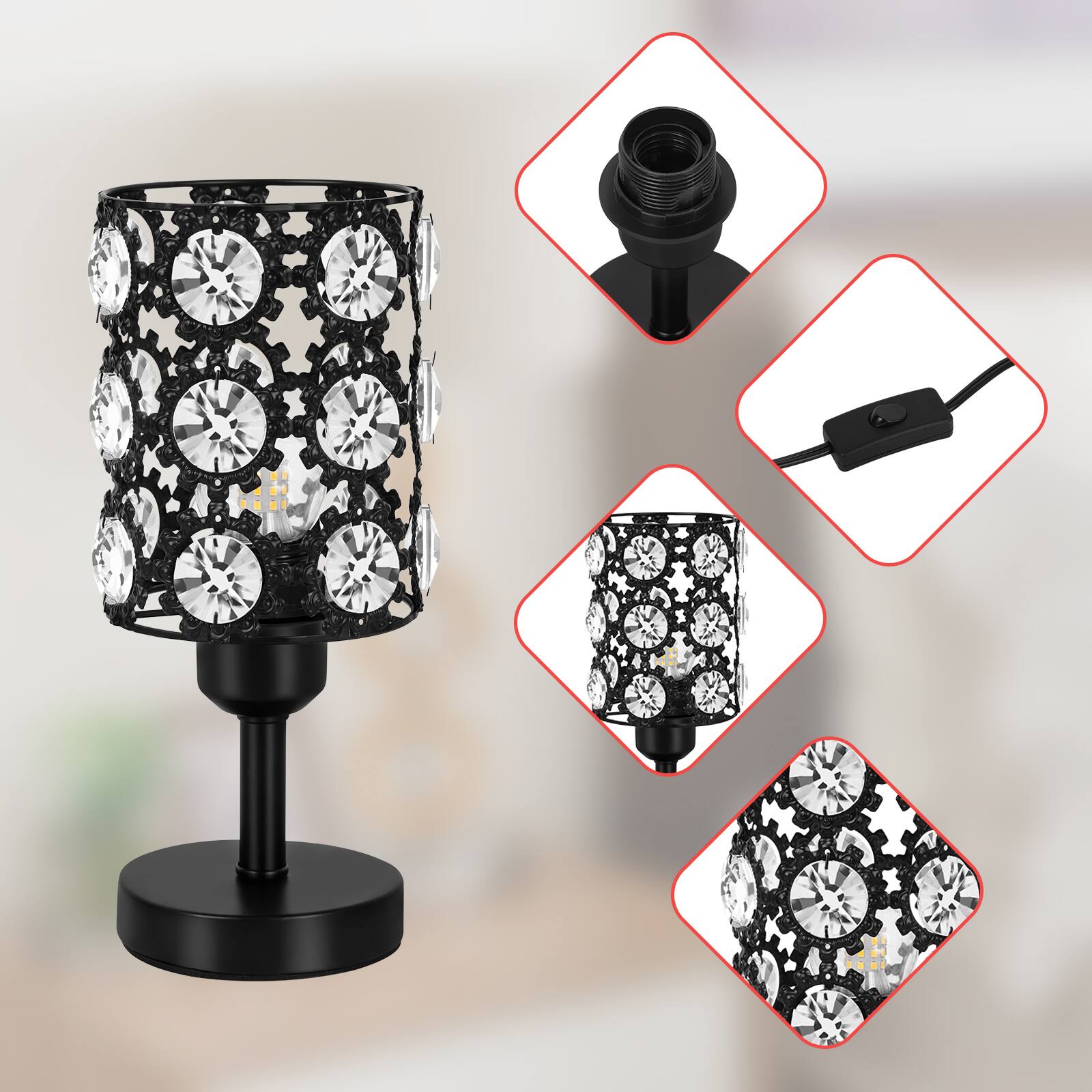 Left. Oumilen - Set of 2 Crystal Table Lamps, 10in Tall, Black Metal Base, E26 Socket, Bulbs Not Included.