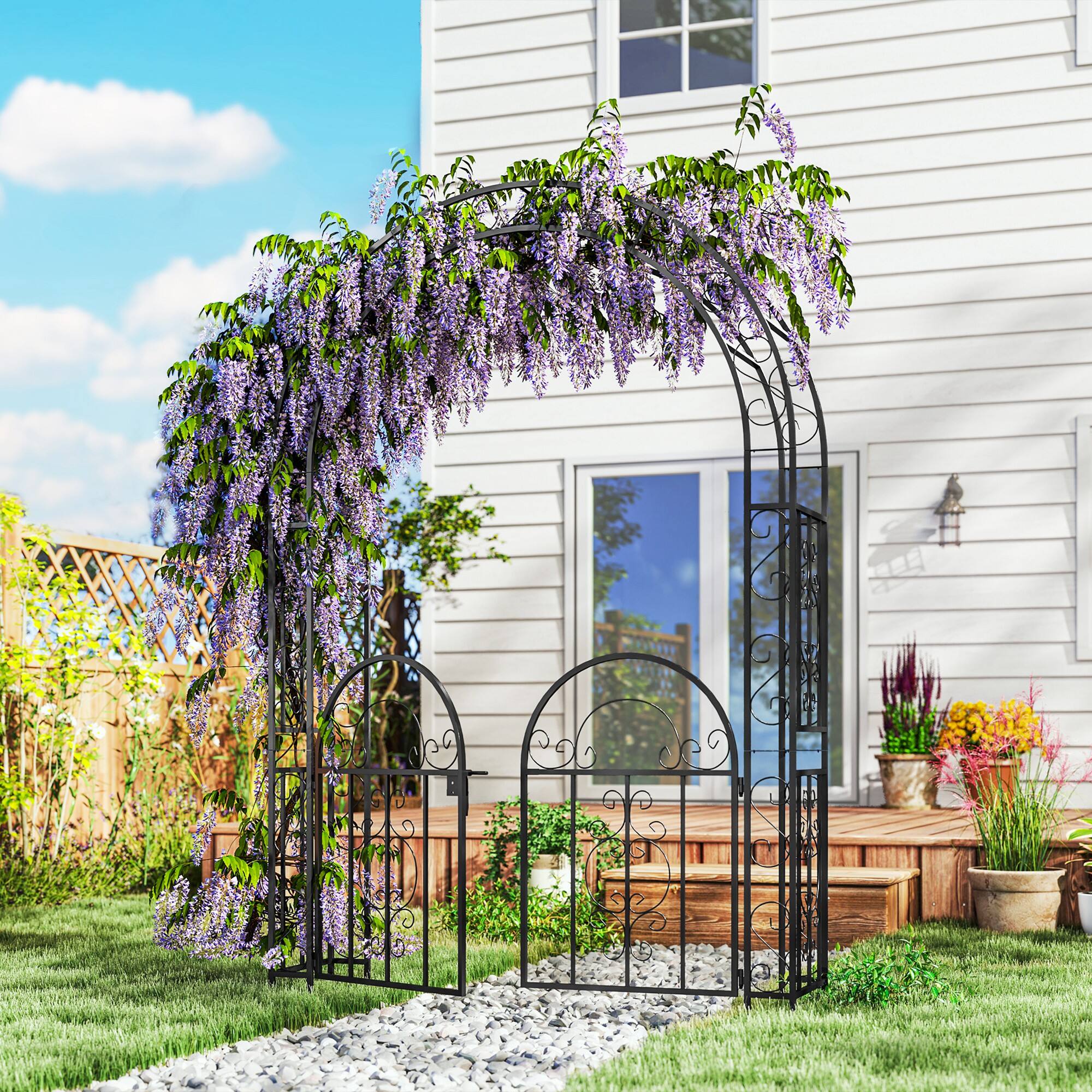 Angle. Outsunny - 7.4ft Steel Garden Arch with Gate, Garden Arbor Trellis for Climbing Plants, Roses, Vines, Wedding Arch Stand - Black.