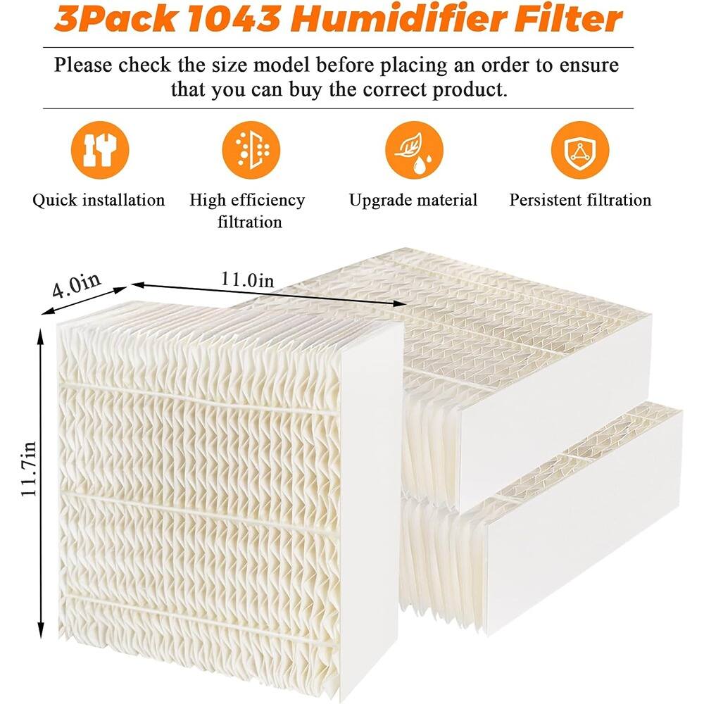 3Pack 1043 Humidifier Filter

Please check the size model before placing an order to ensure that you can buy the correct product.

- Quick installation
- High efficiency filtration
- Upgrade material
- Persistent filtration

Dimensions:
- 4.0in
- 11.0in
- 11.7in