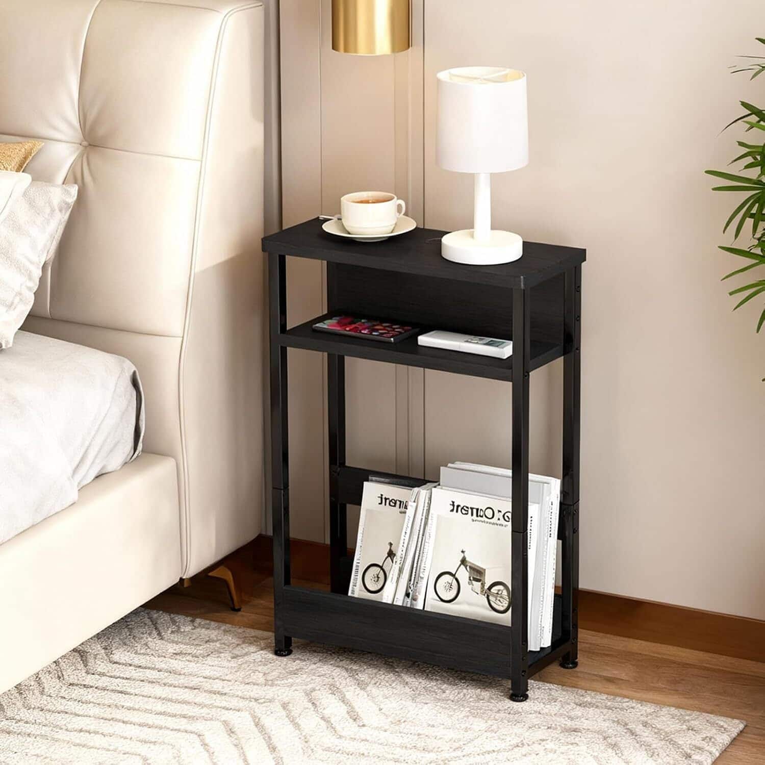 GARVEE - Narrow Side Table with Storage Shelf and Magazine Rack Slim Nightstand for Small Spaces Bathroom Bedside Table - Black