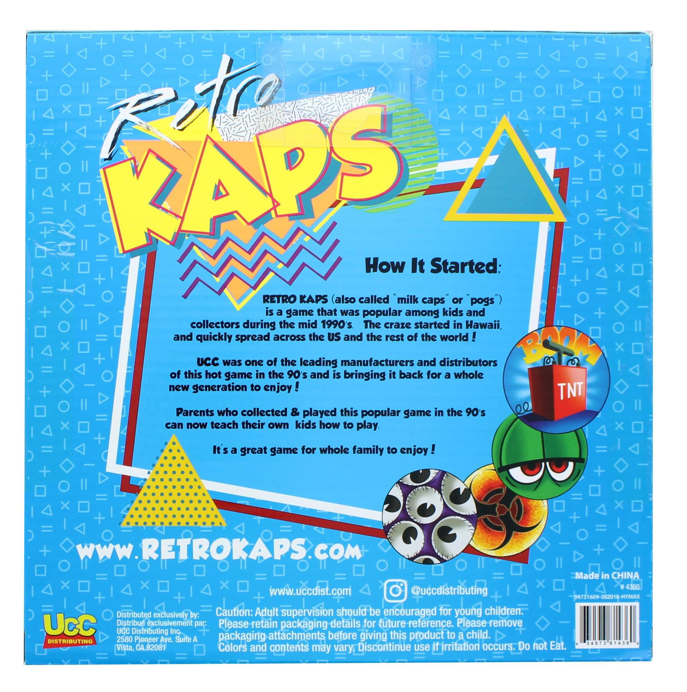 Retro KAPS

How It Started:
RETRO KAPS (also called milk caps or pogs) is a game that was popular among kids and collectors during the mid 1990's. The craze started in Hawaii and quickly spread across the US and the rest of the world! UCC was one of the leading manufacturers and distributors of this hot game in the 90s and is bringing it back for a whole new generation to enjoy! Parents who collected & played this popular game in the 90s can now teach their own kids how to play. It's a great game for the whole family to enjoy!

www.RETROKAPS.COM

Made in CHINA

Distributed exclusively by:
UCC Distributing Inc.
2580 Ploneer Ave Suite A
Vista, CA 92081

Caution: Adult supervision should be encouraged for young children. Please retain packaging details for reference. Please remove packaging attachments before giving this product to a child. Colors and contents may vary. Discontinue use if irritation occurs. Do Not Eat.

@uccdistributing

34711609-062019-HY