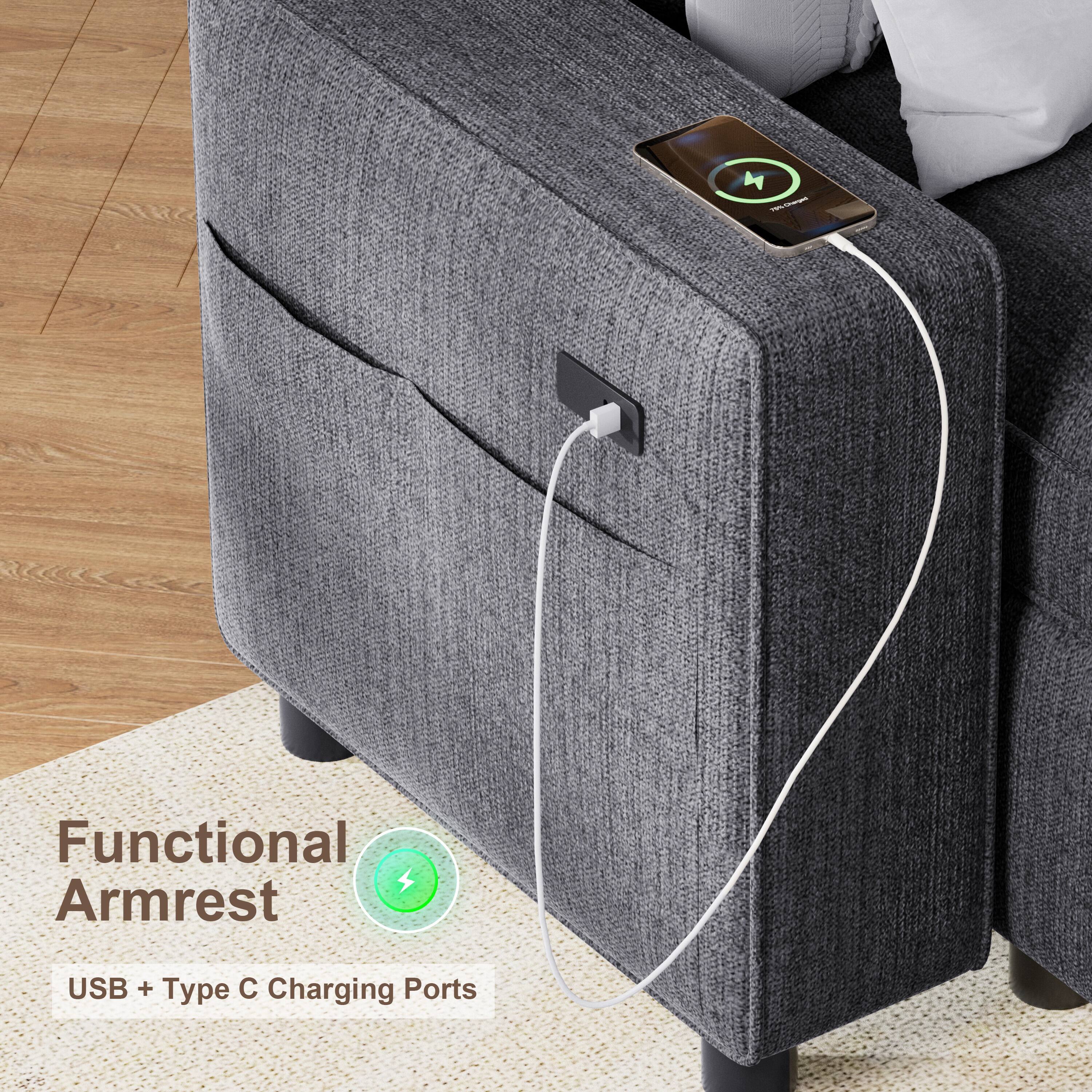 Alt View 4. Dyonery - Dyonery 78-inch convertible broaching machine, adjustable backrest, equipped with usb charging, three-seater，white - Beige.