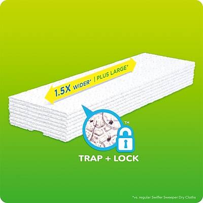 1.5X WIDER | PLUS LARGE

TRAP + LOCK

vs. regular Swiffer Sweeper Dry Cloths