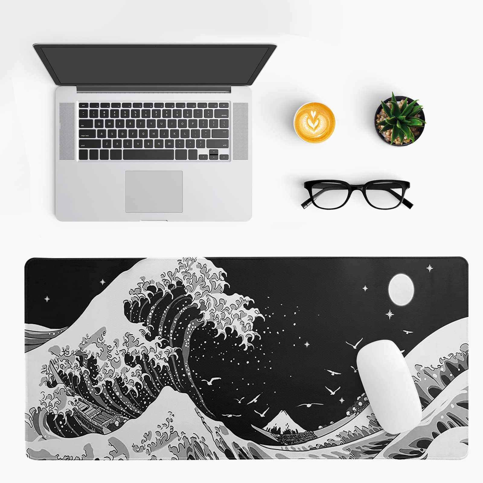 Left. Earthley Blooms - Black Sea Wave Mouse Pad - Abstract Gaming 31.. Non-slip Rubber Base Large Mousepad Stitched Edges Mat Desk - Black Japanese Sea Wave.