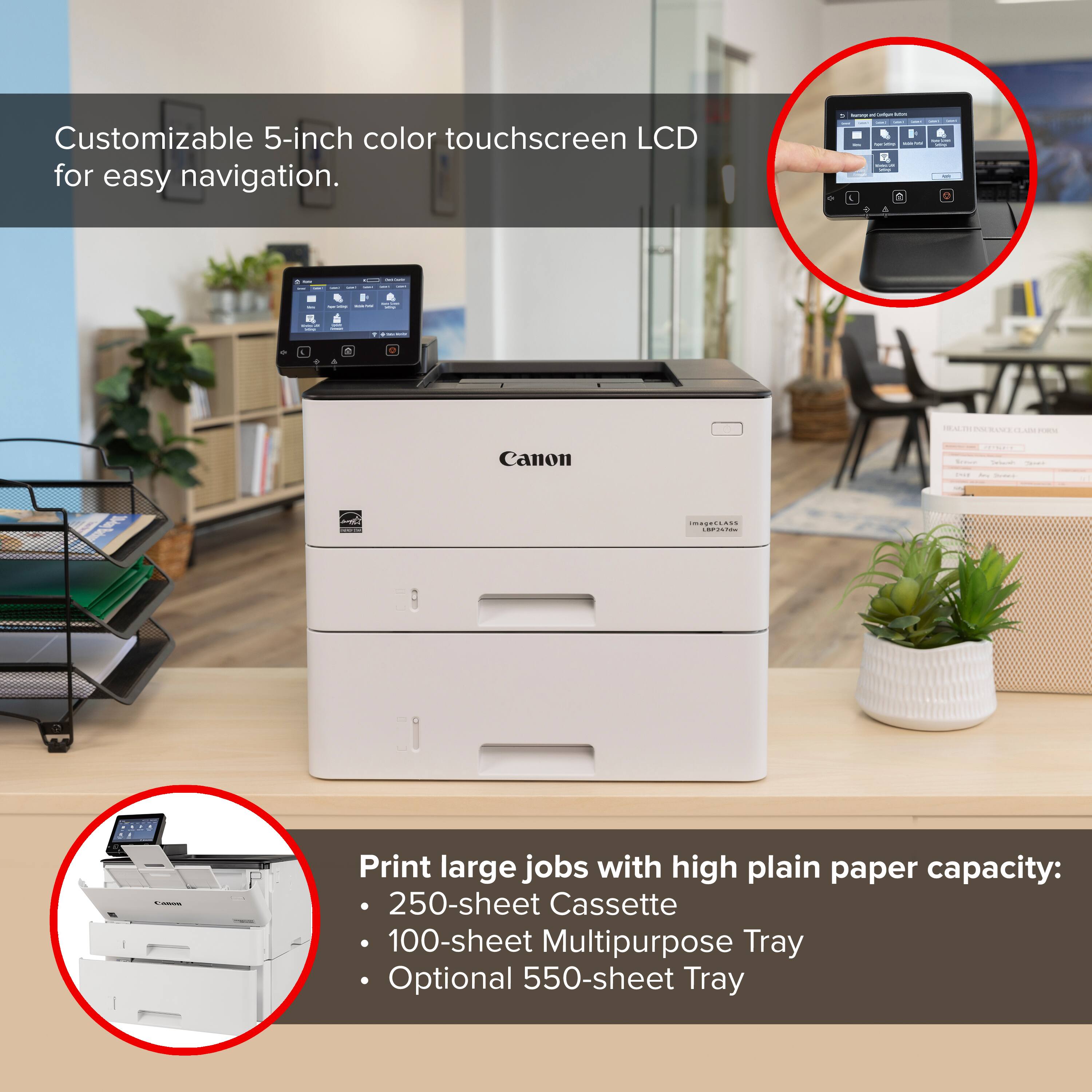 The text on the image is already grouped and correctly written. It reads:

Customizable 5-inch color touchscreen LCD for easy navigation. Print large jobs with high plain paper capacity: 250-sheet Cassette 100-sheet Multipurpose Tray Optional 550-sheet Tray.