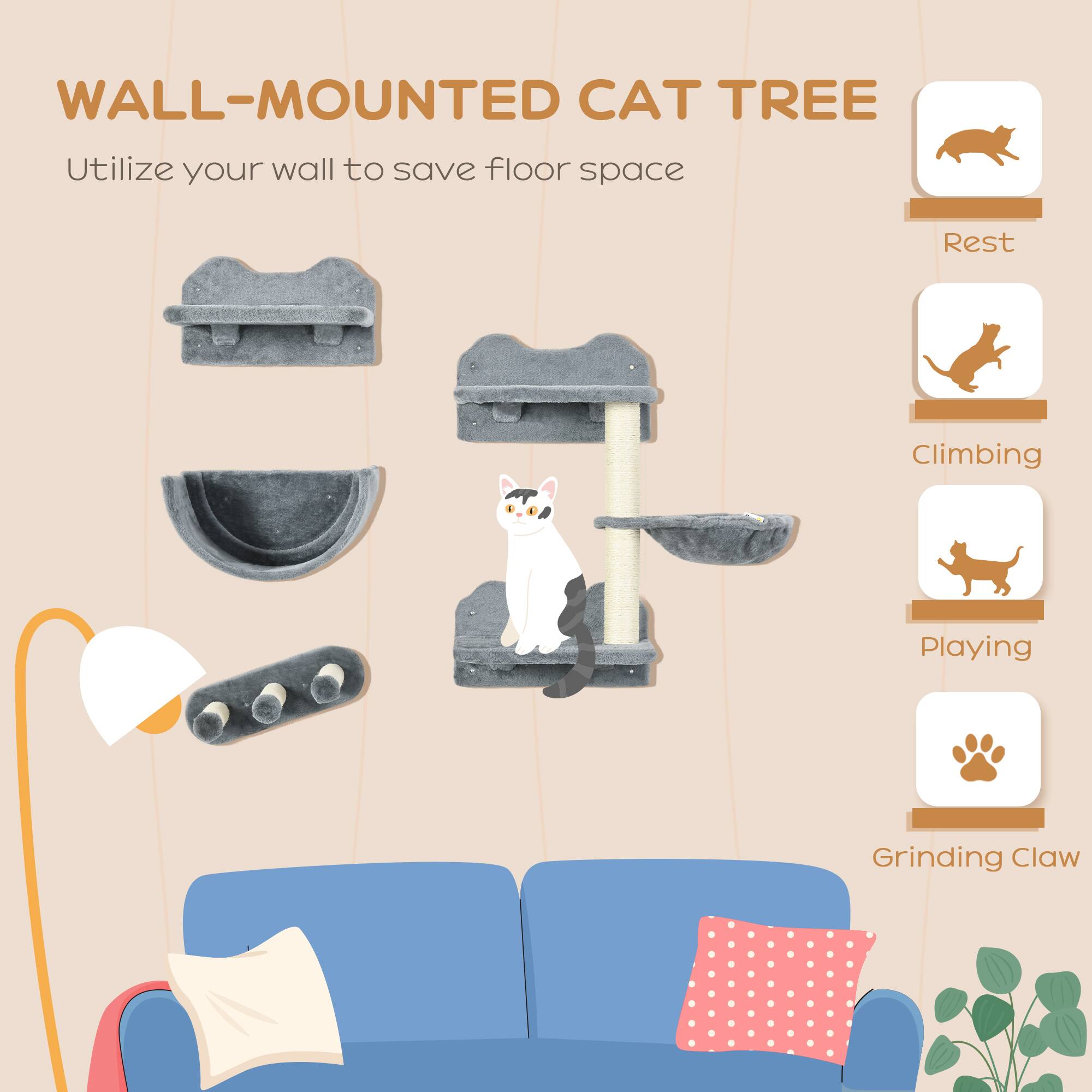 WALL-MOUNTED CAT TREE  
Utilize your wall to save floor space  

- Rest  
- Climbing  
- Playing  
- Grinding Claw