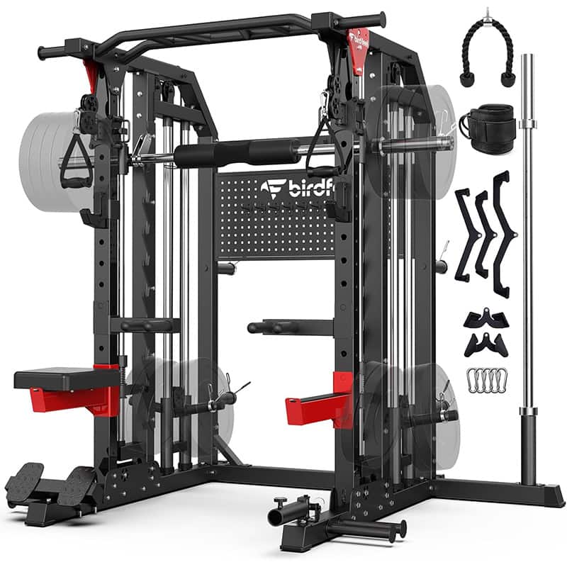 Pooboo - Smith Machine Multi-Function 2000LB Power Cage, Home Gym Squat Rack Featuring LAT Pulldown, Dual Pulley Cable Crossover - Black