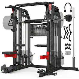 Pooboo - Smith Machine Multi-Function 2000LB Power Cage, Home Gym Squat Rack Featuring LAT Pulldown, Dual Pulley Cable Crossover - Black-Pro