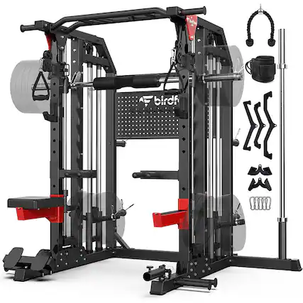 Front. Pooboo - Smith Machine Multi-Function 2000LB Power Cage, Home Gym Squat Rack Featuring LAT Pulldown, Dual Pulley Cable Crossover - Red.