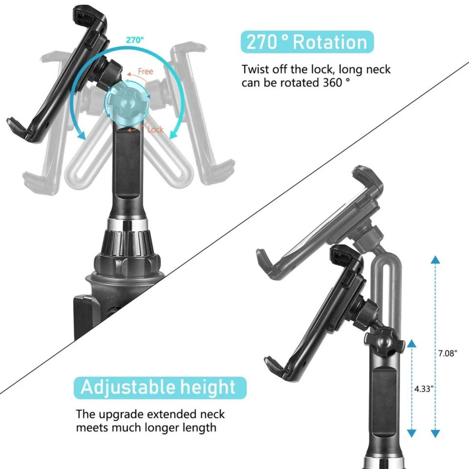270° Rotation  
Twist off the lock, long neck can be rotated 360°.

Adjustable height  
The upgrade extended neck meets much longer length.

Lock 7.08" Adjustable height  
4.33"