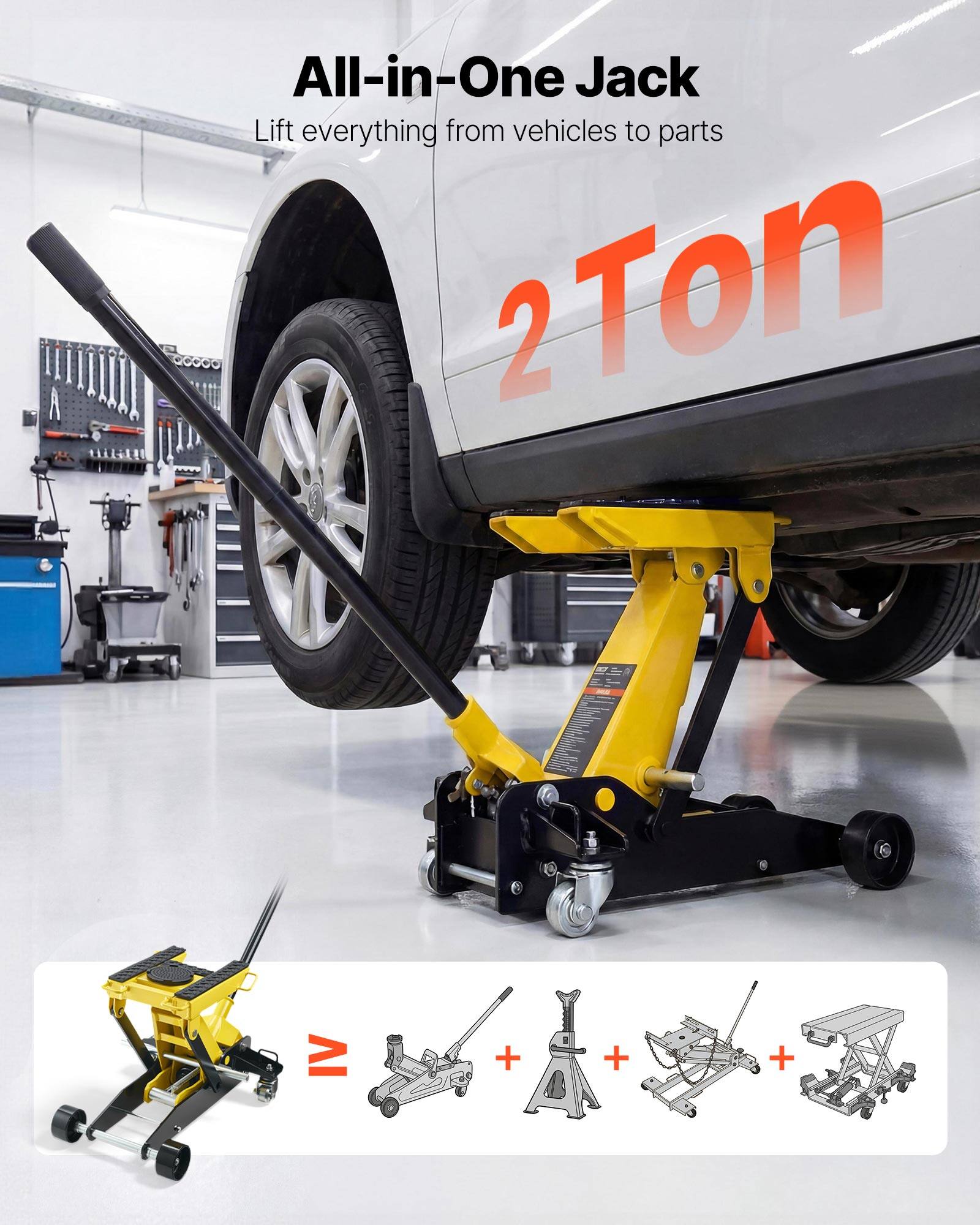 All-in-One Jack  
Lift everything from vehicles to parts  
2 Ton