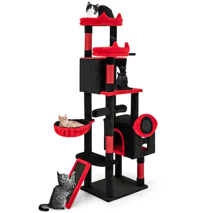 Front. Costway - Costway Gothic Cat Tree for Indoor Cats with 2 Cat Condos & 2 Plush Perches, Dangling Balls - Red.
