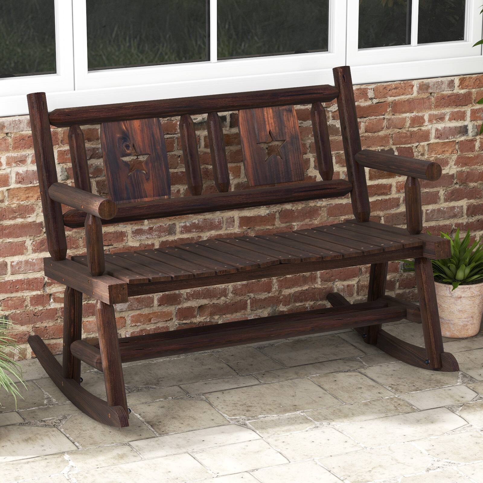 Angle. Costway - 1 PC Patio Rocking Bench Carbonized Wood Double Rocker Chair with Ergonomic Seat - Rustic Brown.