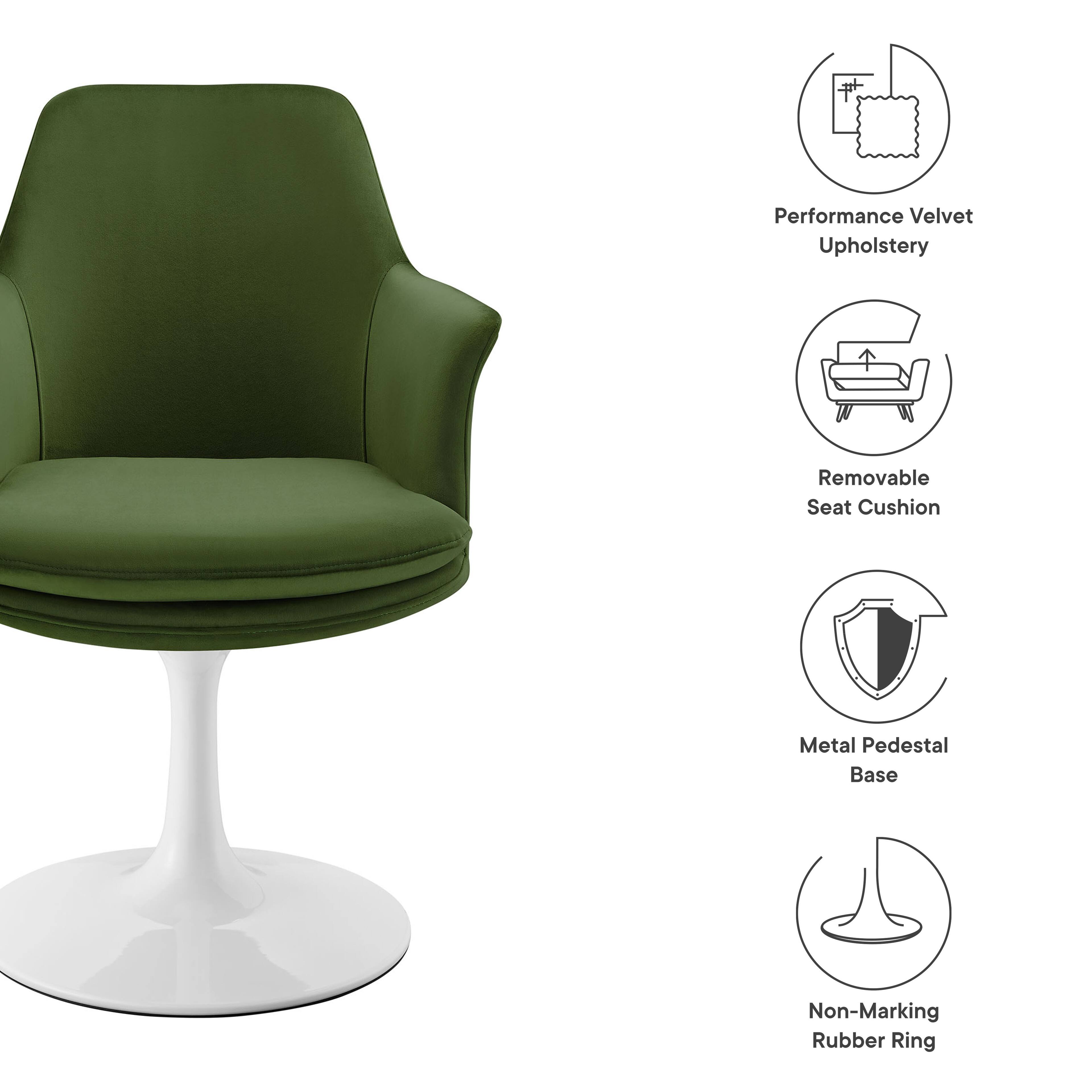 - Performance Velvet Upholstery
- Removable Seat Cushion
- Metal Pedestal Base
- Non-Marking Rubber Ring
