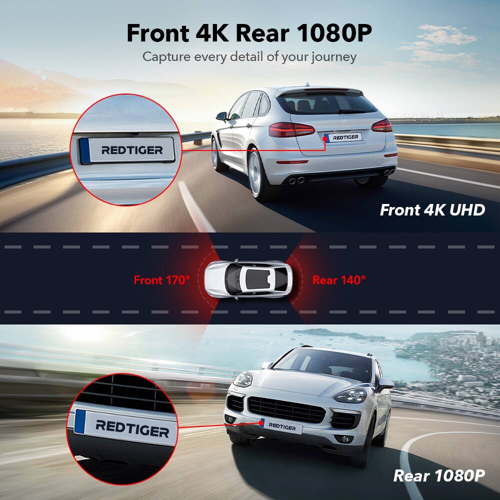 Front 4K Rear 1080P, Capture every detail of your journey, REDTIGER, REDTIGER, Front 4K UHD, Front 170, Rear 140, REDTIGER, REDTIGER, Rear 1080P.