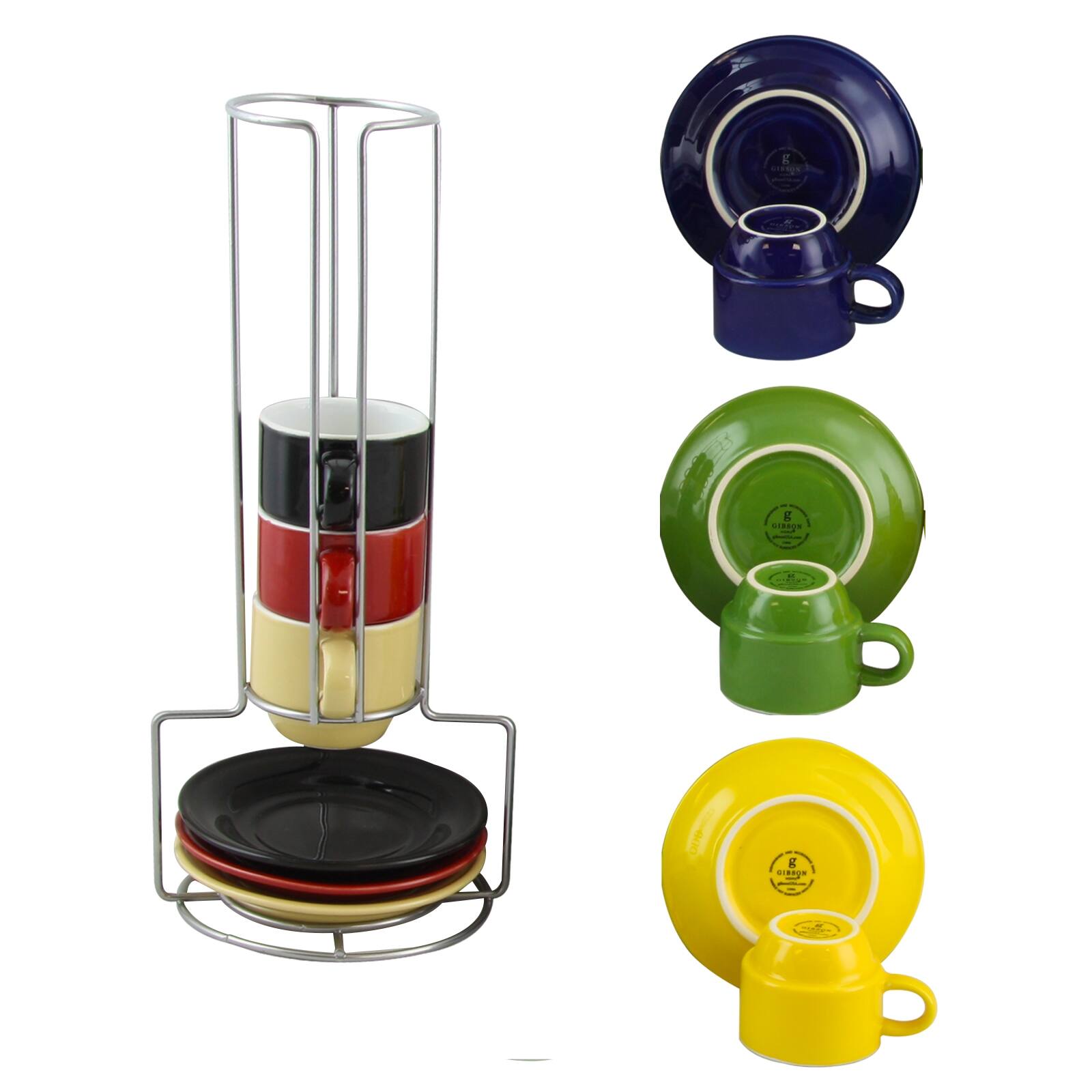 The image features a variety of colorful kitchen items, including a yellow cup, a green bowl, a blue bowl, and a red cup. There is also a coffee pot and a coffee mug in the scene. The items are displayed in different colors, with the yellow cup being the most prominent. The overall scene showcases a diverse range of kitchenware and appliances.
