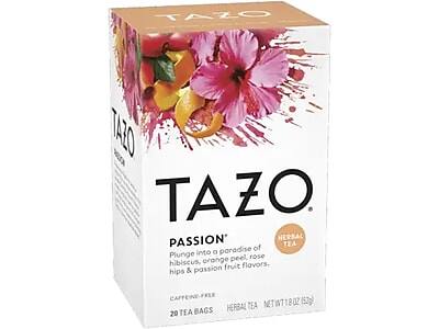 TAZO  
PASSION™  
Herbal Tea  

Plunge into a paradise of hibiscus, orange peel, rose hips & passion fruit flavors.  

Caffeine-Free  

20 Tea Bags  
Herbal Tea  
Net Wt 1.8 oz (53g)