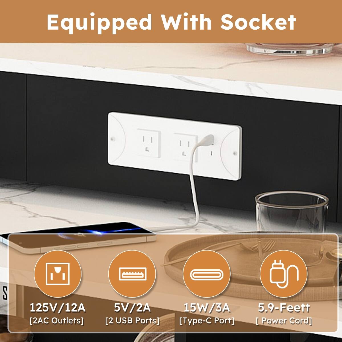 Equipped With Socket

125V/12A [2AC Outlets]  
5V/2A [2 USB Ports]  
15W/3A [Type-C Port]  
5.9-Feett [Power Cord]