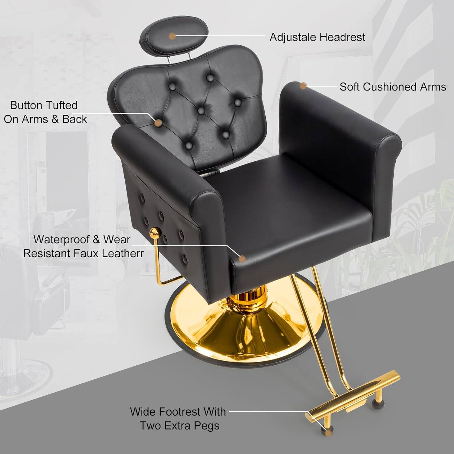 Adjustable Headrest  
Soft Cushioned Arms  
Button Tufted On Arms & Back  
Waterproof & Wear Resistant Faux Leather  
Wide Footrest With Two Extra Pegs