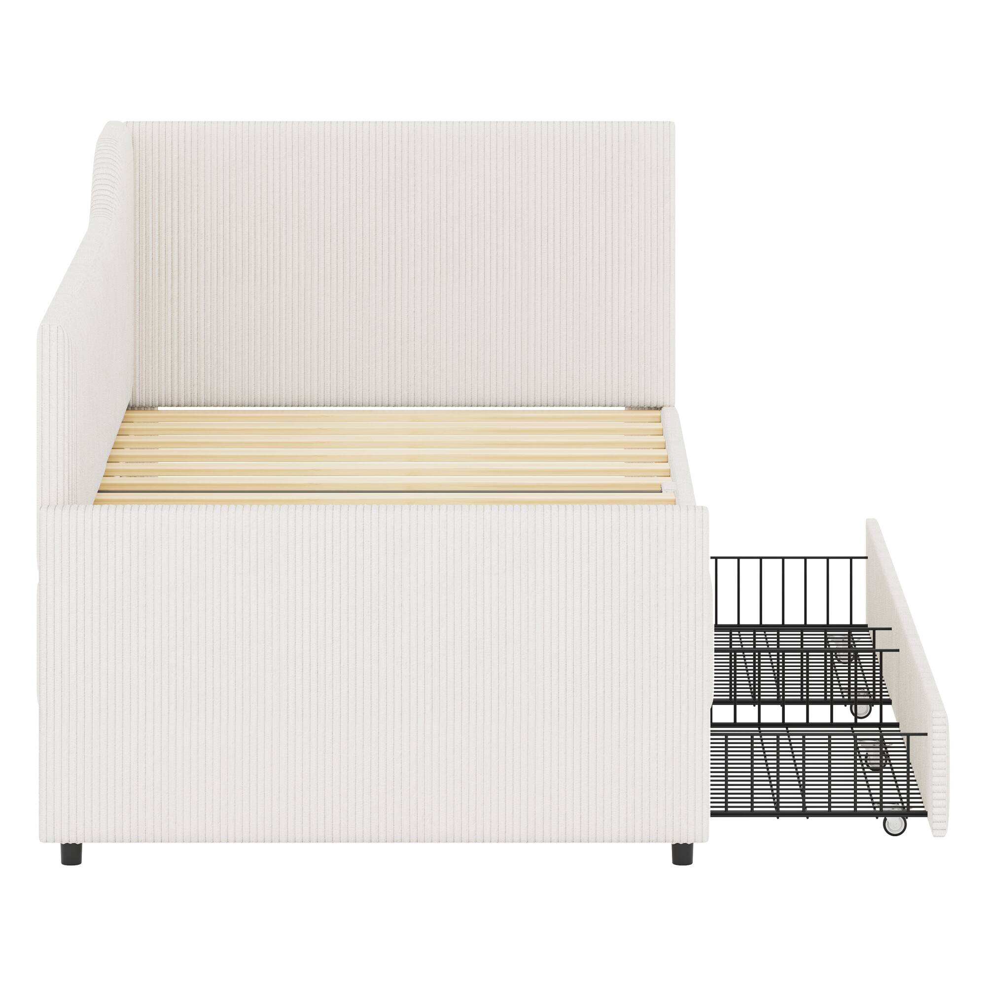 Alt View 8. GOODSILO - Twin Size L-Shaped Upholstered Daybed with Storage Drawers, Corduroy Fabric, Beige Finish - Beige.