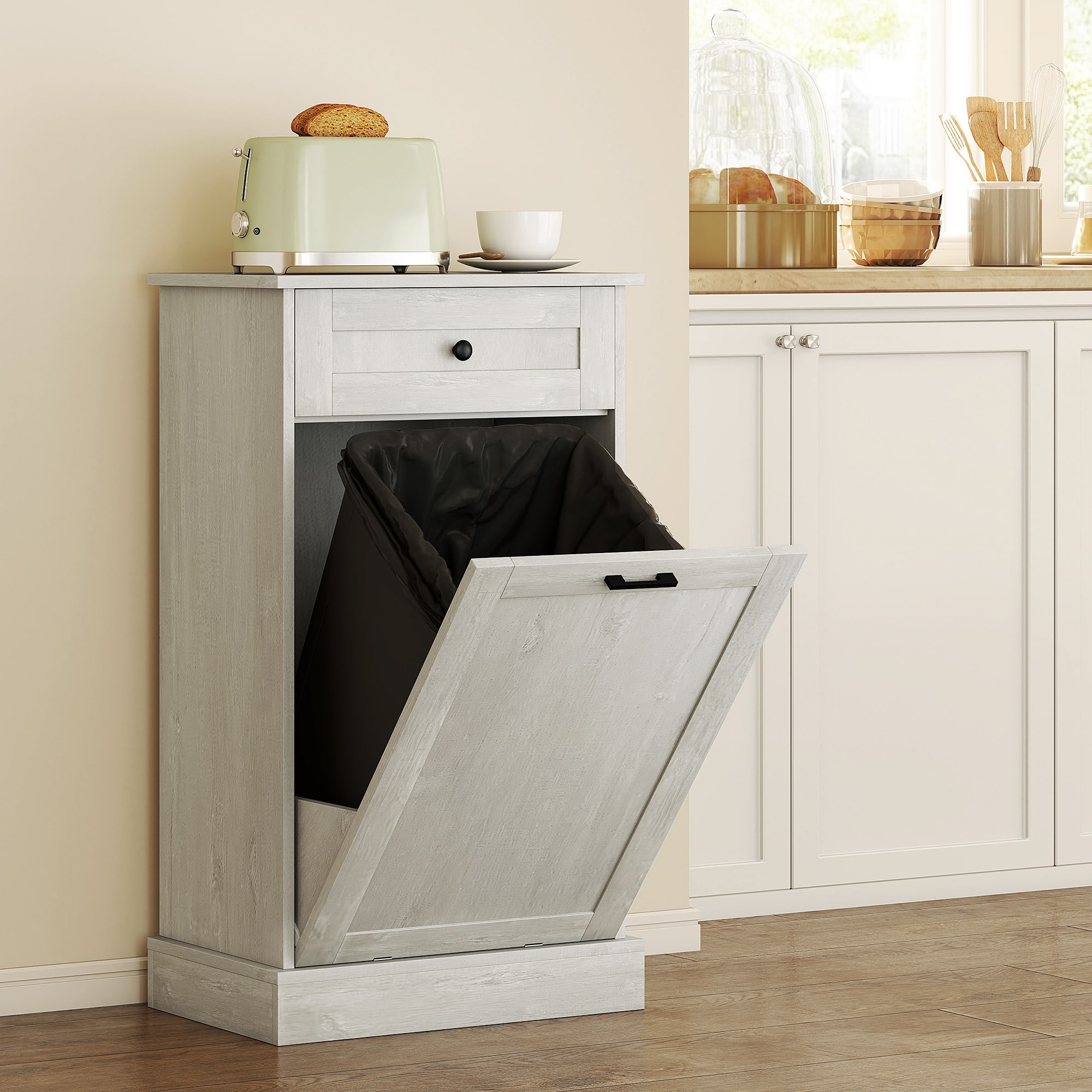 Front. Homcom - Kitchen Tilt Out Trash Bin Cabinet Free Standing Recycling Cabinet Trash Can Holder With Drawer - Light Gray.