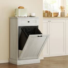 Homcom - Kitchen Tilt Out Trash Bin Cabinet Free Standing Recycling Cabinet Trash Can Holder With Drawer - Light Gray