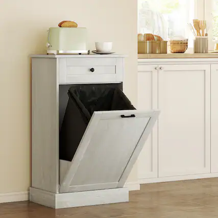 Front. Homcom - Tilt Out Trash Bin Cabinet Free Standing Storage Cabinet with Drawer - Light Gray.