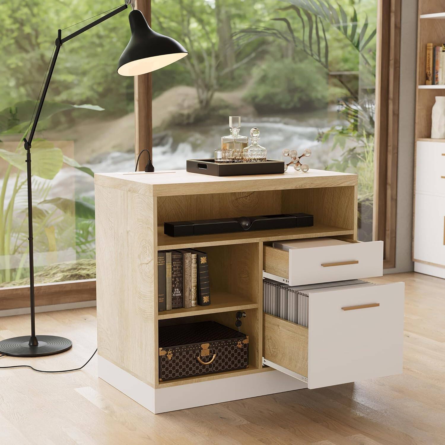 Alt View 2. ModernMate - 2 Drawer Wood File Cabinet with Lock, Power Outlets and Storage Shelves.