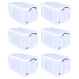 Really Useful Box - 84L Storage Bin w/Snap Lid & Clip Lock Handle, 6 Pack - Clear