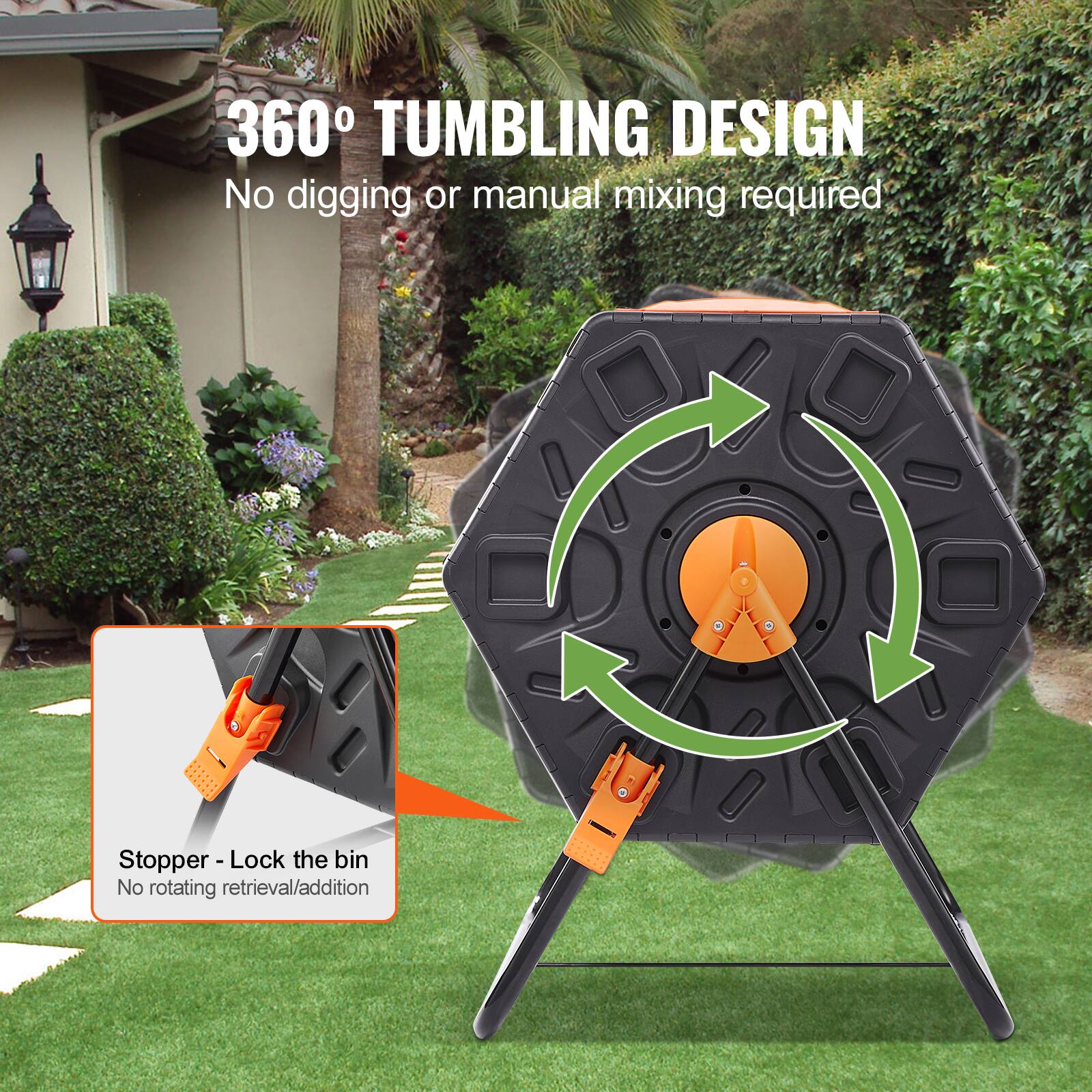 360° TUMBLING DESIGN
No digging or manual mixing required
Stopper - Lock the bin
No rotating retrieval/addition