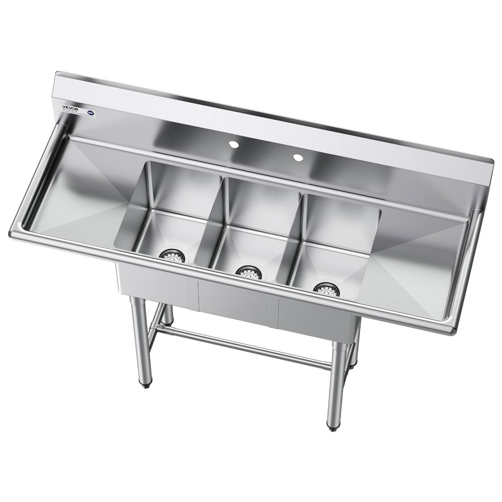 Alt View 5. VEVOR - 3 Compartment Sink, 18-Gauge 304 Stainless Steel, 10"x14"x10" Bowl Size, 3 Bay Commercial Kitchen Prep & Utility Sink - Stainless steel color.