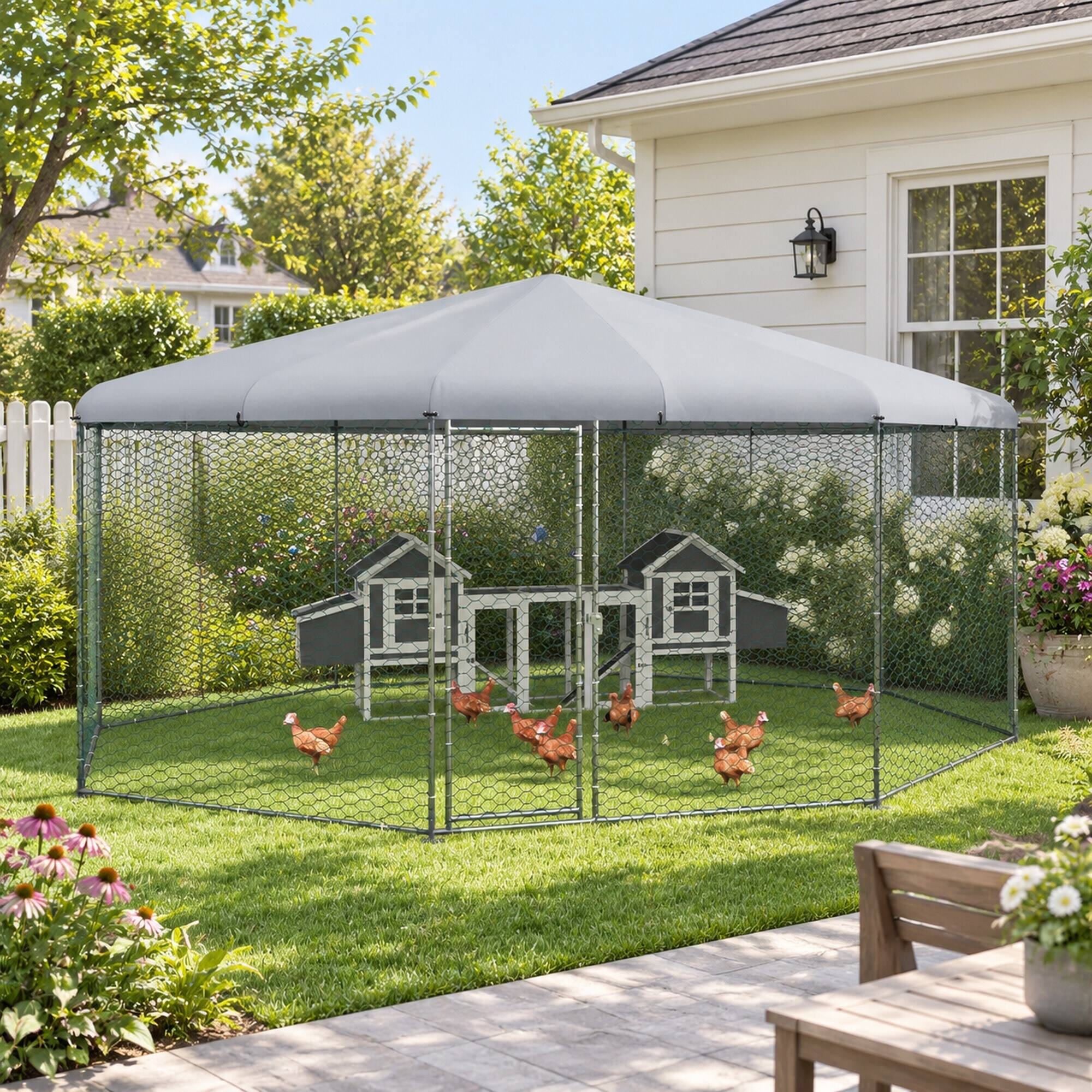 Back. RYHNUYNE - 17 ft x 15.7 ft x 9 ft Walk-In Metal Chicken Coop, Waterproof Anti-UV Cover, Lockable Door, Rust-Resistant Frame.