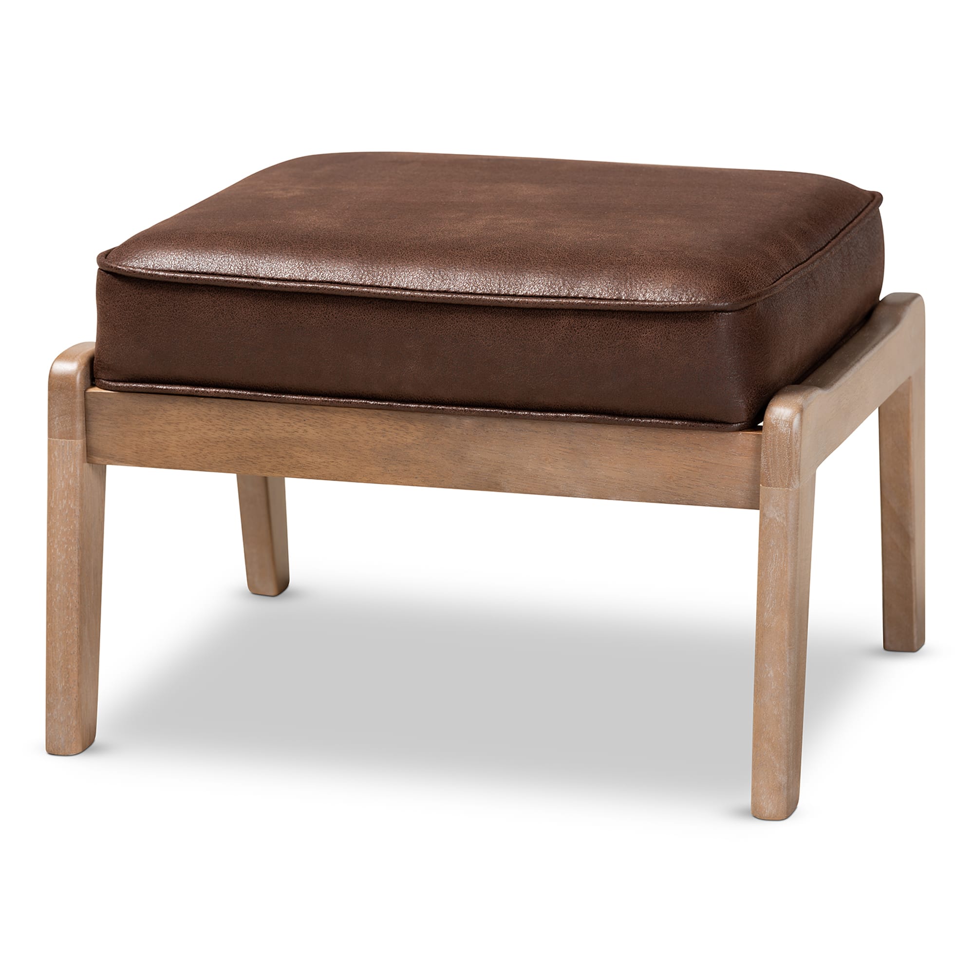 Baxton Studio - Sigrid Mid-Century Modern Faux Leather Effect Fabric Upholstered Antique Oak Finished Wood Ottoman - Dark Brown/Antique Oak