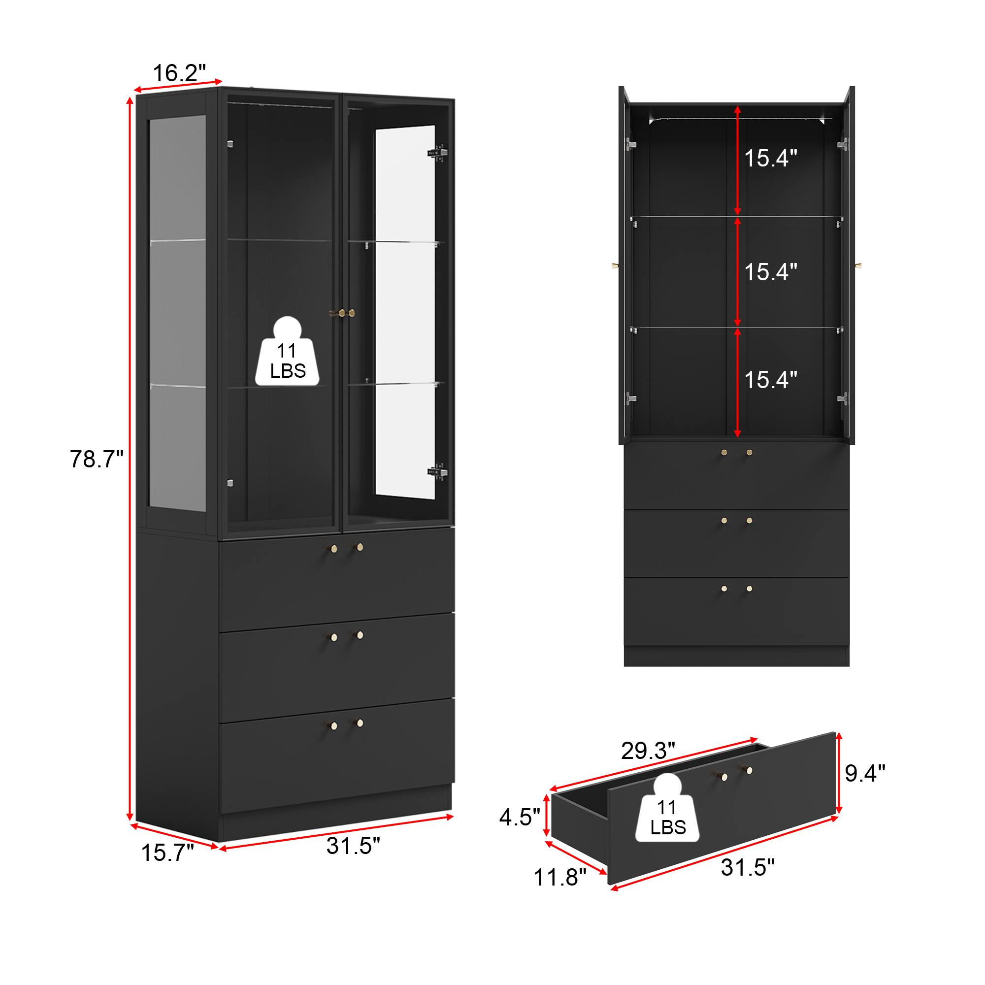 16.2"  
78.7"  
15.7"  
31.5"  
15.4"  
15.4"  
15.4"  
11 LBS  
29.3"  
4.5"  
11.8"  
9.4"  
31.5"  
11 LBS