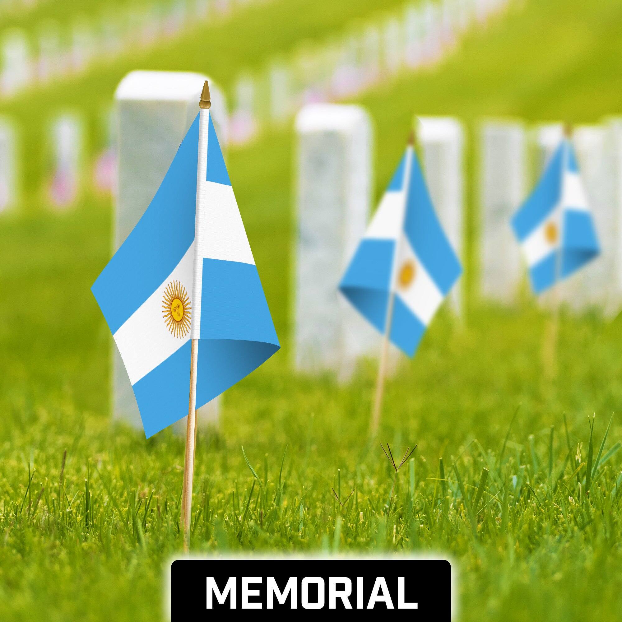 Back. G128 - 50-Pack Handheld Argentina Stick Flags, 12 x 18 in, 150D Polyester, Wooden Pole with Gold Spear. - Assorted Colors.