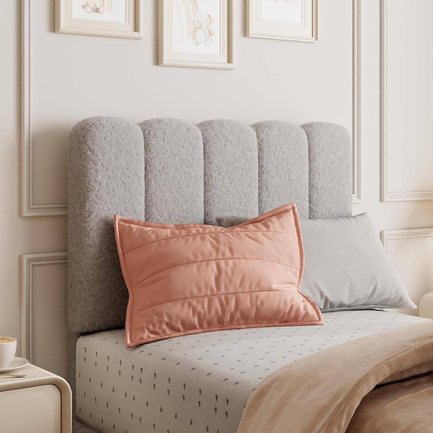 Back. GARVEE - Twin Upholstered Platform Bed Frame with Wave Headboard, Wood Slats, No Box Spring Needed, for Kids or Teens - Gray.