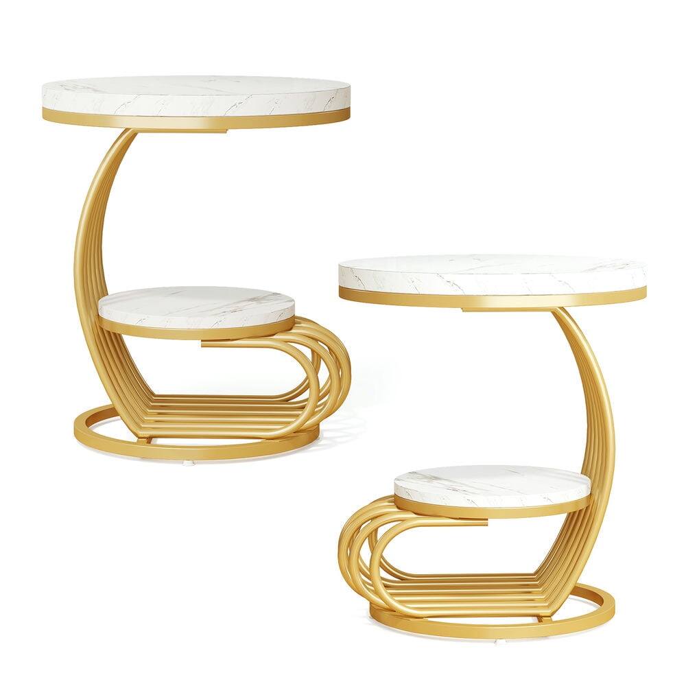 Alt View 4. Kadyn - Kadyn Sofa Side End Table, Round Couch Table, 2 Tiers Faux Marble Side Table with Storage Shelf,White & Gold - White.