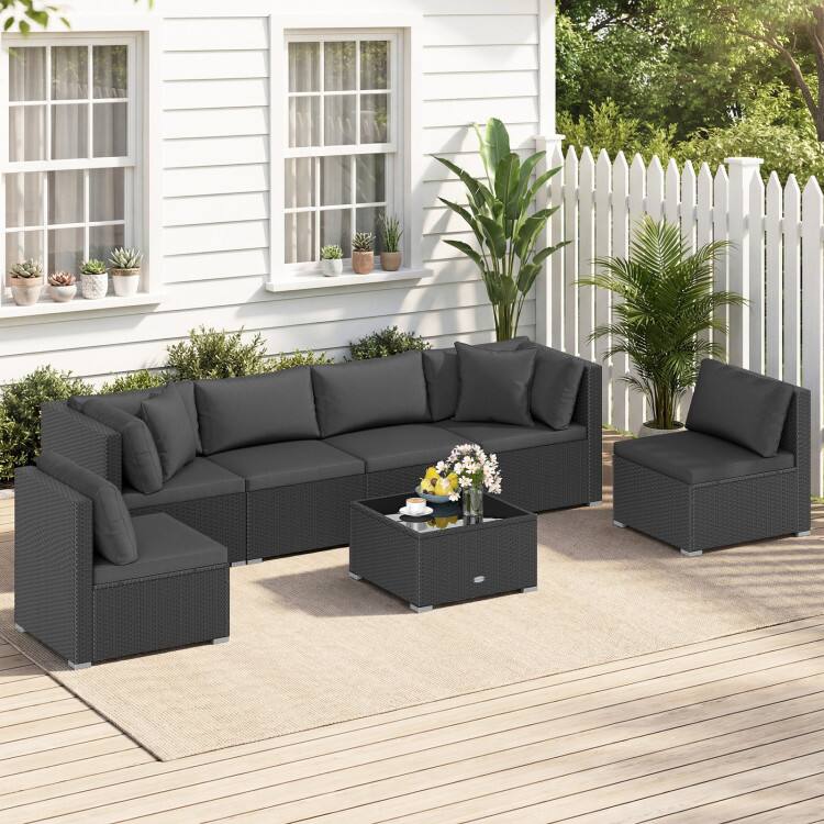 Left. Mondawe - 7-Piece Sectional Wicker Sofa Set w/ Tempered Glass Table, Outdoor Patio Conversation Set with Cushions - Black.