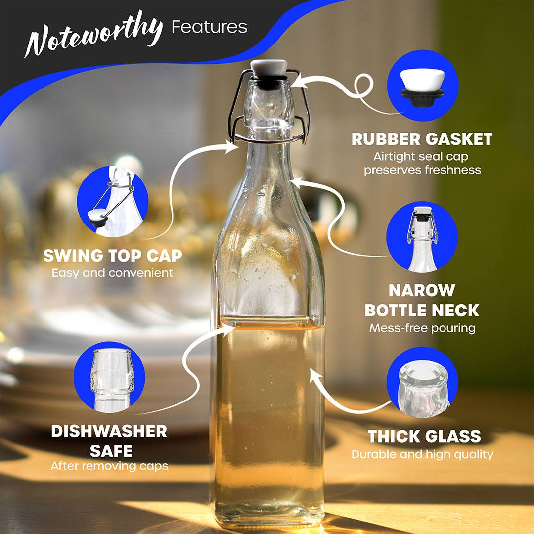 Noteworthy Features

- **RUBBER GASKET**
  - Airtight seal cap preserves freshness

- **SWING TOP CAP**
  - Easy and convenient

- **NARROW BOTTLE NECK**
  - Mess-free pouring

- **THICK GLASS**
  - Durable and high quality

- **DISHWASHER SAFE**
  - After removing caps