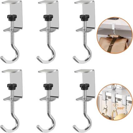 Front. PARKER SLATER - 6 Pcs Adjustable Table Hooks for Hanging Bags, Heavy Duty Metal Backpack - SILVER.