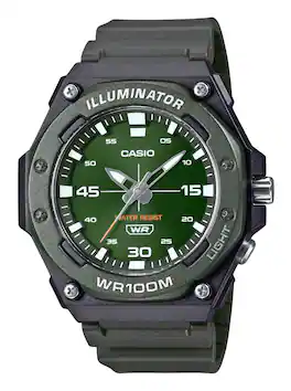 Casio - Illuminator Analog Quartz MW-620H-3AV Mens Watch Resin Strap Green Luminous Hands Dial LED Light 100M - Black, Green