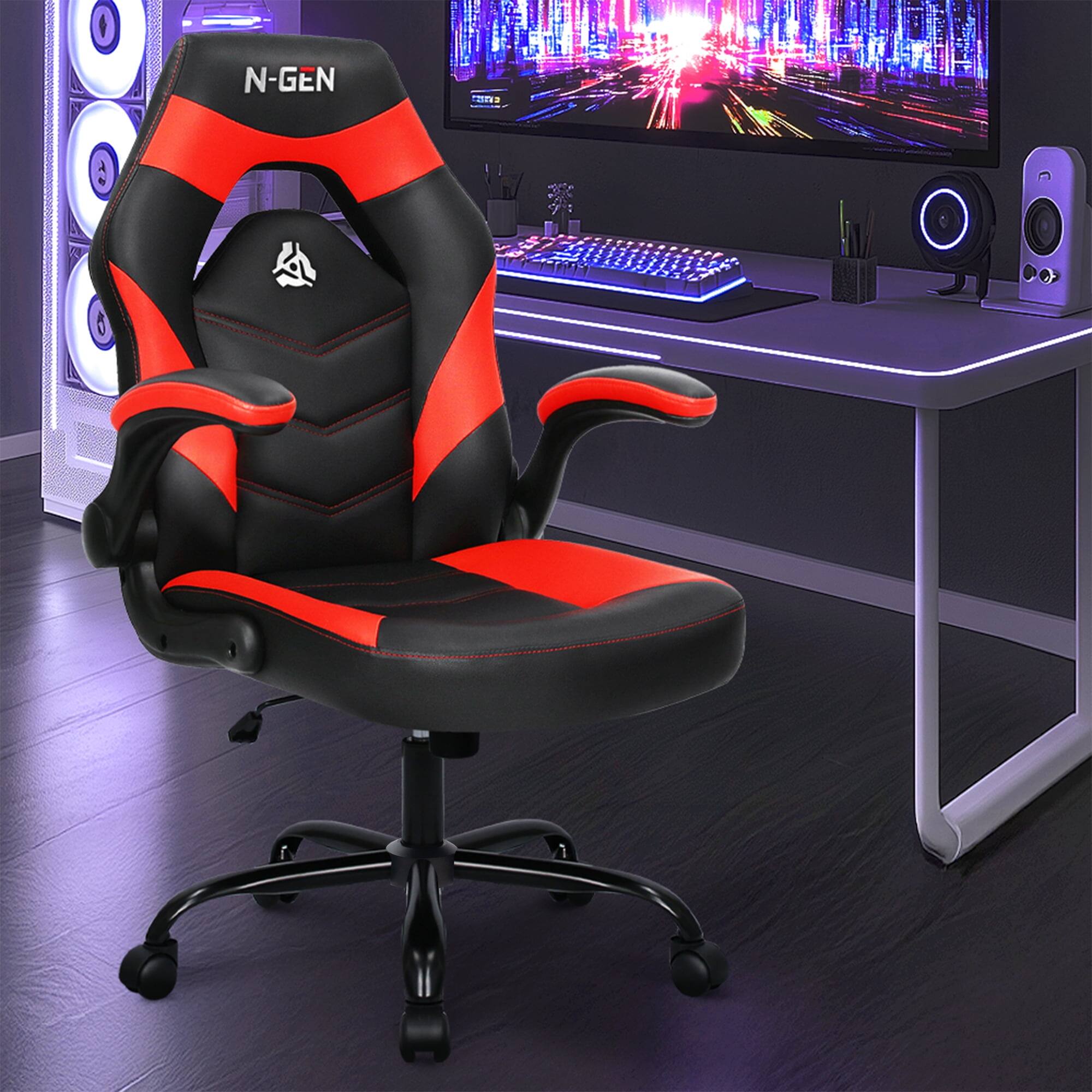 Left. Neo Chair - Gaming Chair, Ergonomic Office Computer Desk Chair with Lumbar Support, Flip-Up Arms, PU Leather, Swivel Wheels - Red.