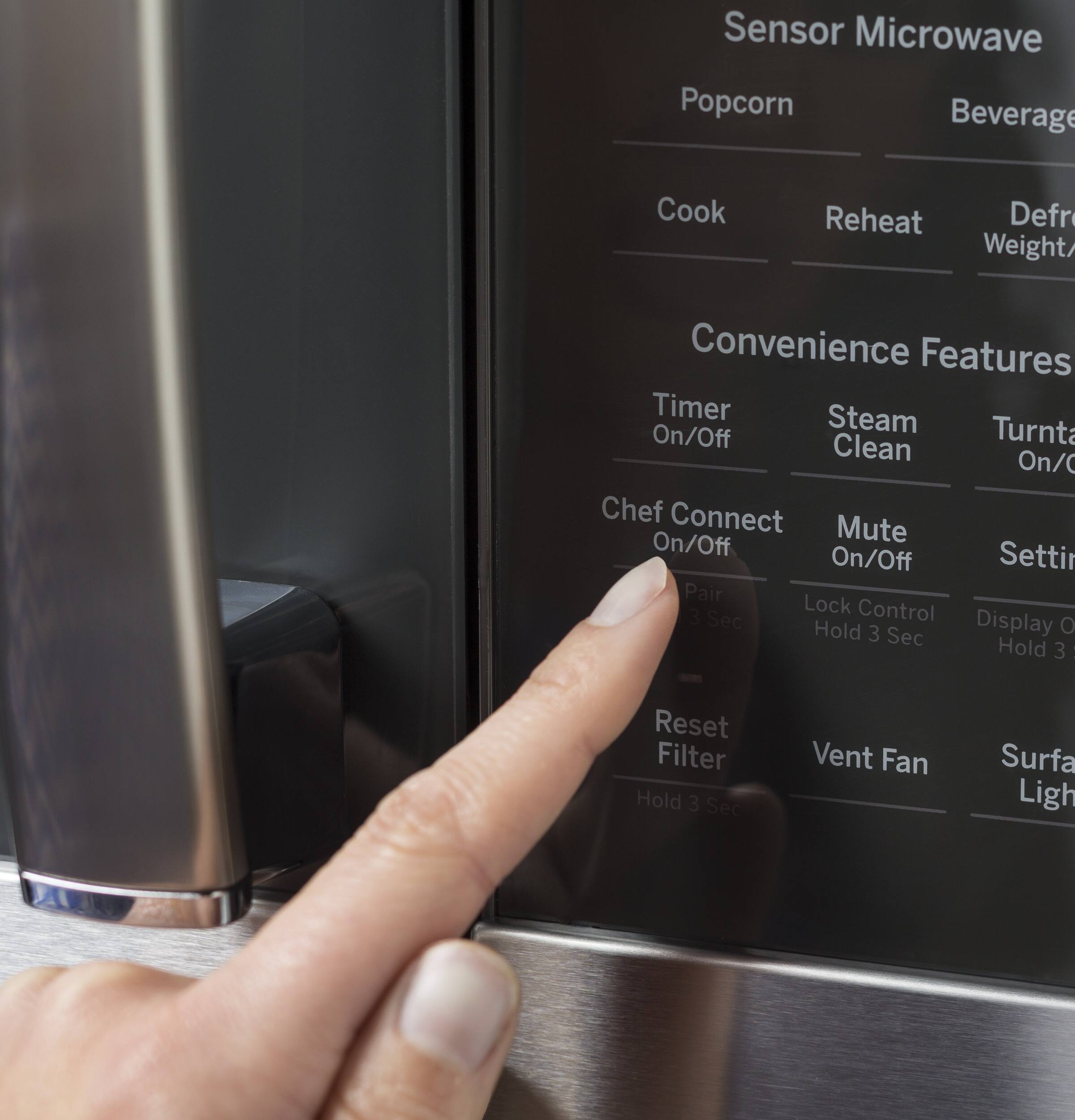 Convenience Features:
- Timer
- Steam On/Off
- Clean
- Turntable On/Off
- Chef Connect On/Off
- Mute On/Off
- Settir Pair Lock Control
- Reset Filter
- Vent Fan
- Surface Light