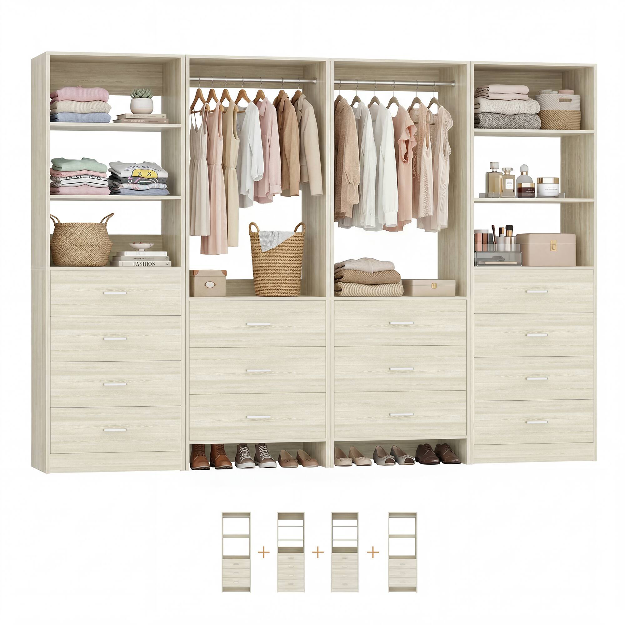 Angle. Aheaplus - 90'' Walk-in Closet Organizer System with 14 Drawers, 2 Hanging Rods and Adjustable Shelves - Beige Oak.
