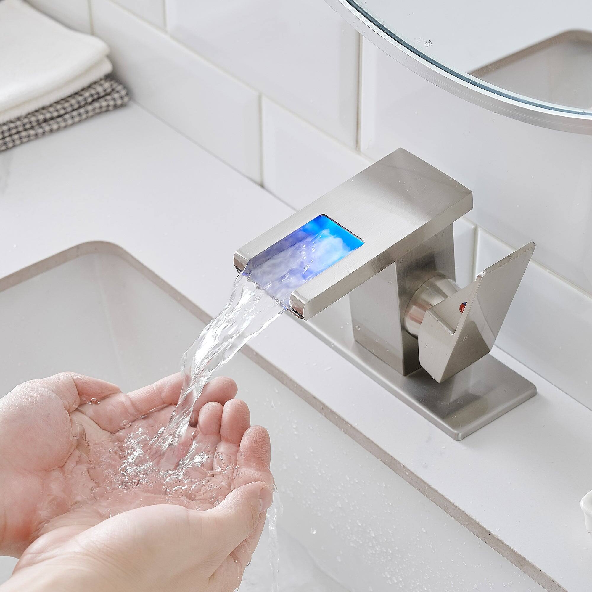 Alt View 1. Boyel Living - Single Handle Single Hole Bathroom Faucet Brushed Nickel with Deck Plate LED Temperature Sensor Waterfall Spout - Brushed Nickel.