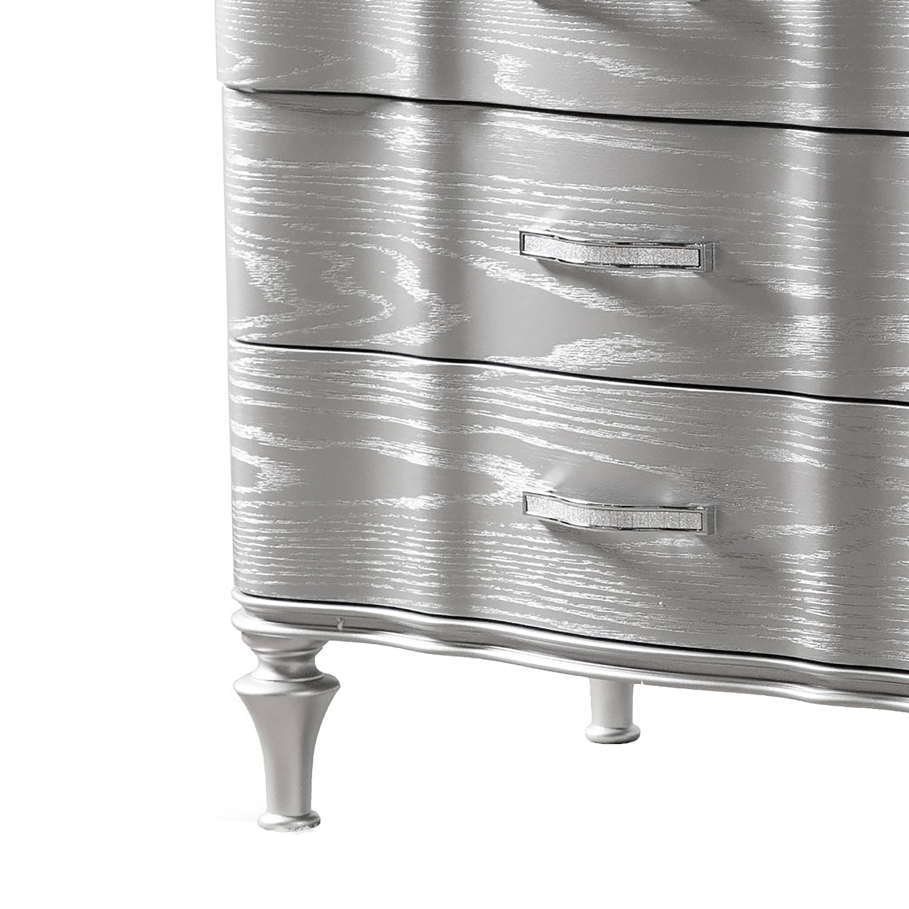 Alt View 3. Manhattan Lane - Eleena Nightstand, 3 Drawers, Silver Solid Wood, Metal Handles 28 Inch - Silver, Chrome.