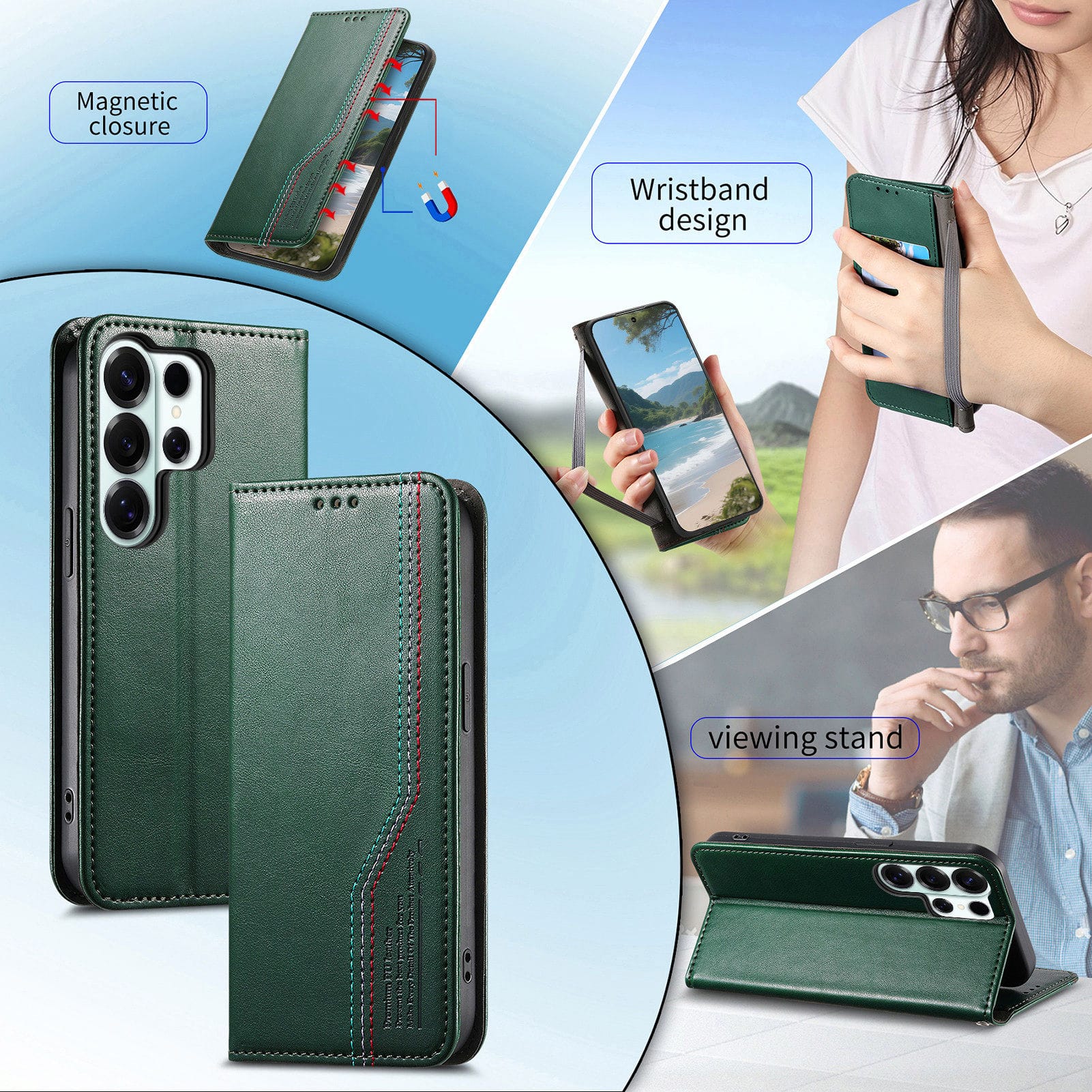 Magnetic closure  
Wristband design  
viewing stand