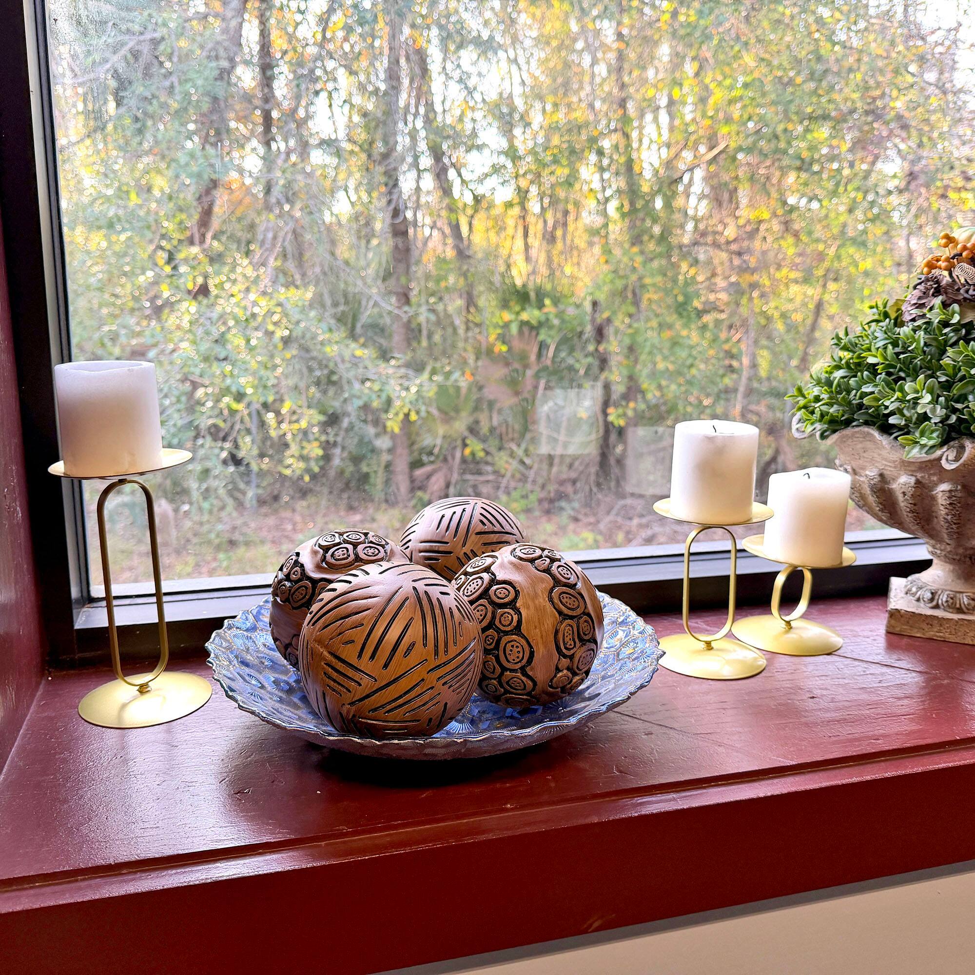 Alt View 7. Things2Die4 - Set of 4 Brown Resin Decorative Orbs 4 in Distressed Geometric Sphere Decor - Brown.
