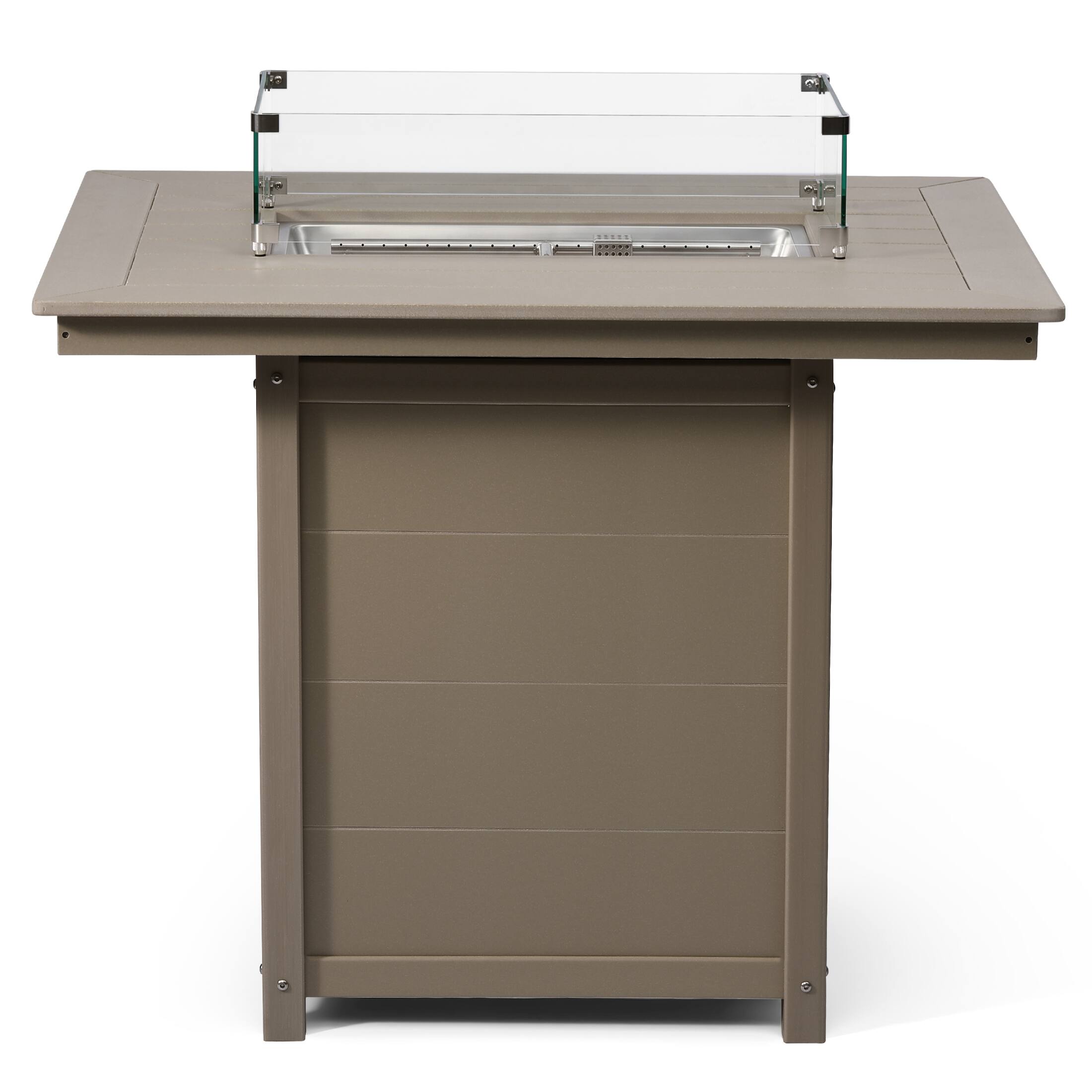 The image shows a modern, minimalist outdoor kitchen island with a built-in sink. The island features a flat, gray countertop with a glass cover supported by metal brackets. Below the countertop, there is a large storage cabinet with horizontal paneling.