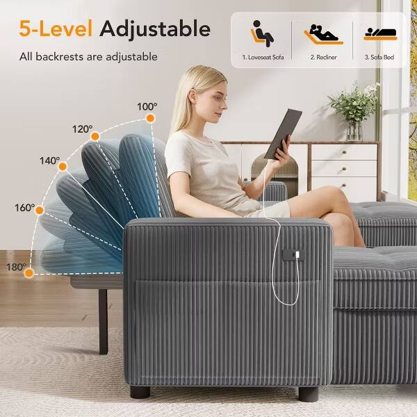 5-Level Adjustable  
All backrests are adjustable  
1. Loveseat Sofa  
2. Rediner  
3. Sofa Bed  

100°  
120°  
140°  
160°  
180°